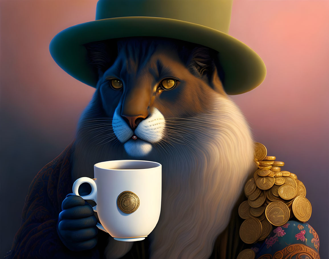 Cat with Hat Holding Mug by Coins