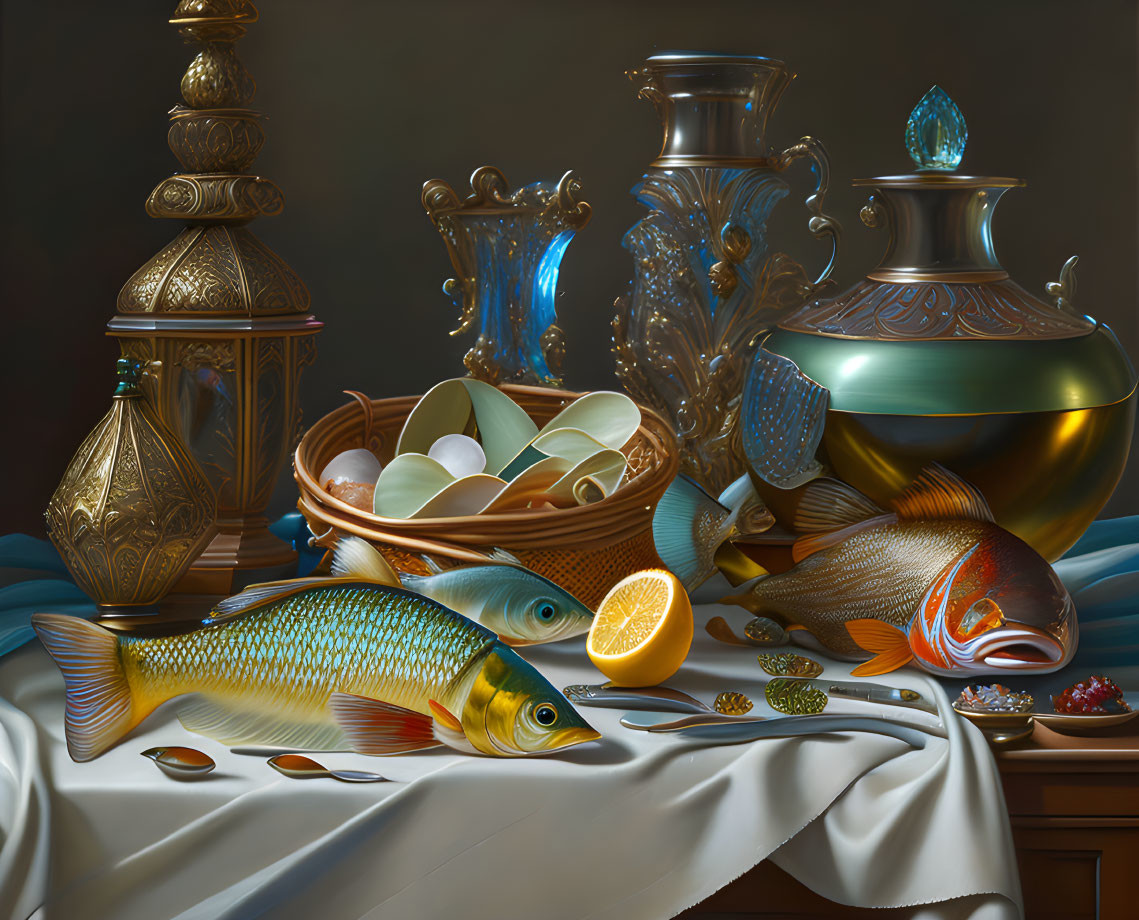 Ornate vessels, eggs, fish, citrus, and spices on draped table