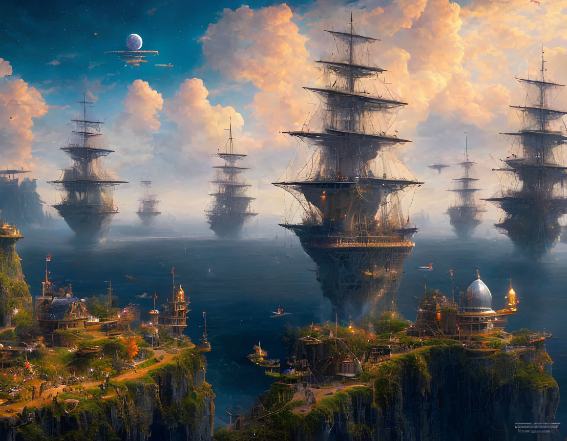 Majestic floating islands with lush greenery and sailing ships in vibrant sky
