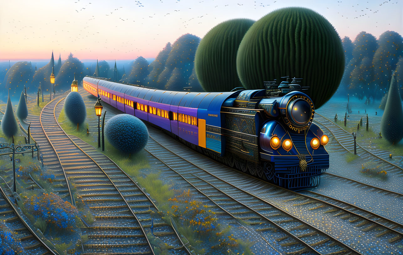 Surreal blue train artwork in whimsical landscape at dusk