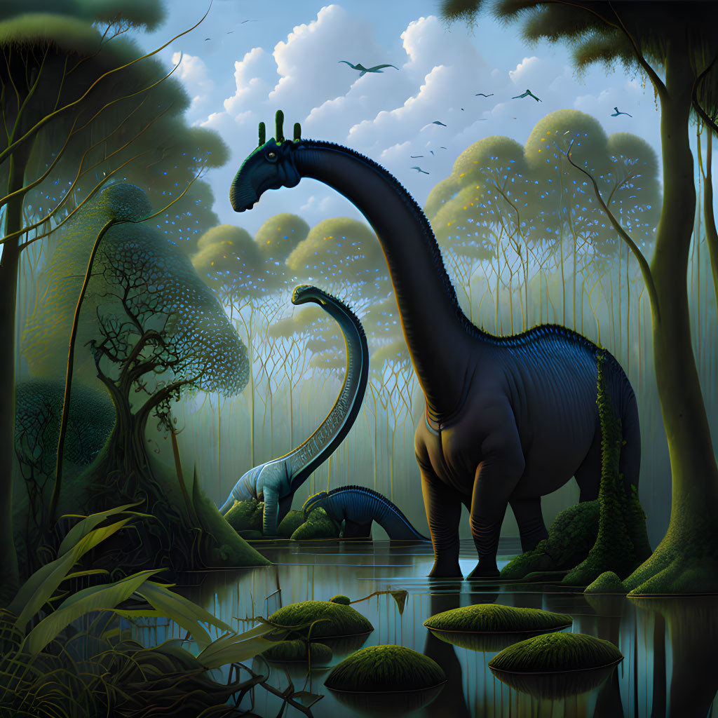 Prehistoric scene with two Brachiosaurus dinosaurs in lush forest