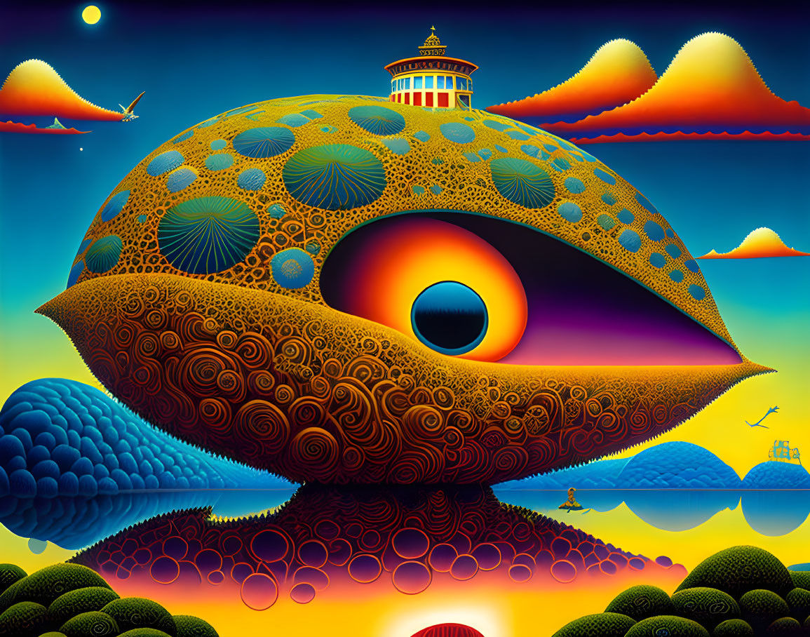 Surreal landscape with eye-shaped structure, lighthouse, and flying ship
