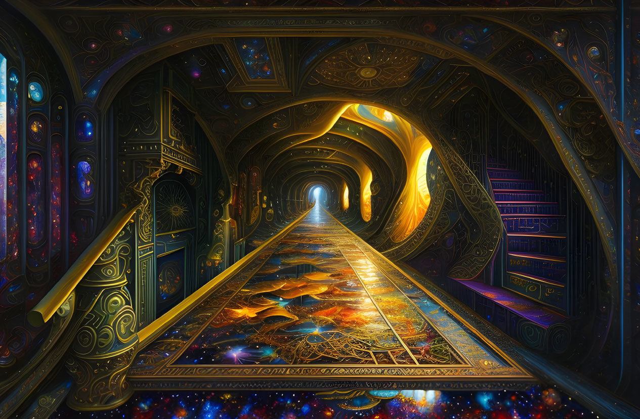 Intricate Golden Patterns in Vibrant Celestial Corridor