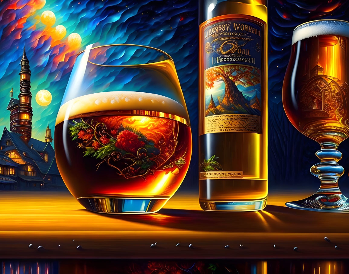 Colorful Beer Glasses Night Scene with Castle & Moons