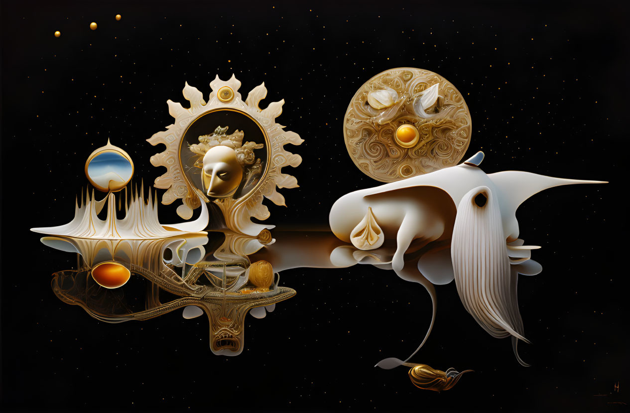 Golden Figures and Structures in Surreal Artwork Against Dark Background
