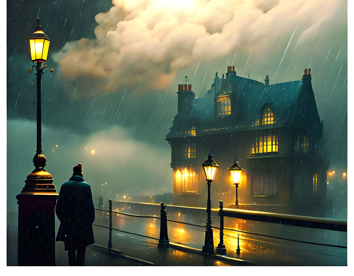 Solitary figure on rain-slicked bridge under glowing streetlamps, facing warmly lit house with