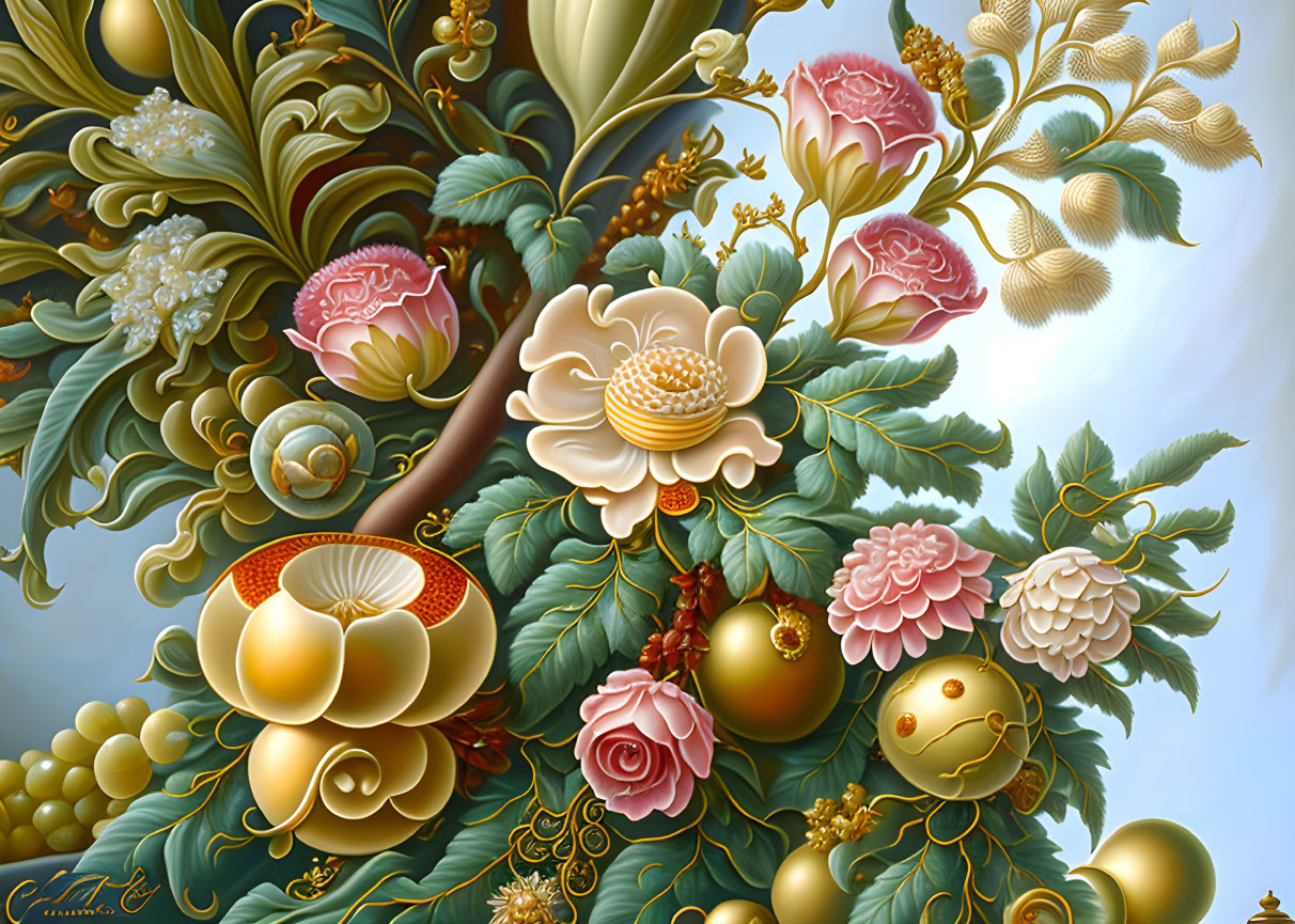 Detailed Floral Illustration in Gold, Peach, and Green