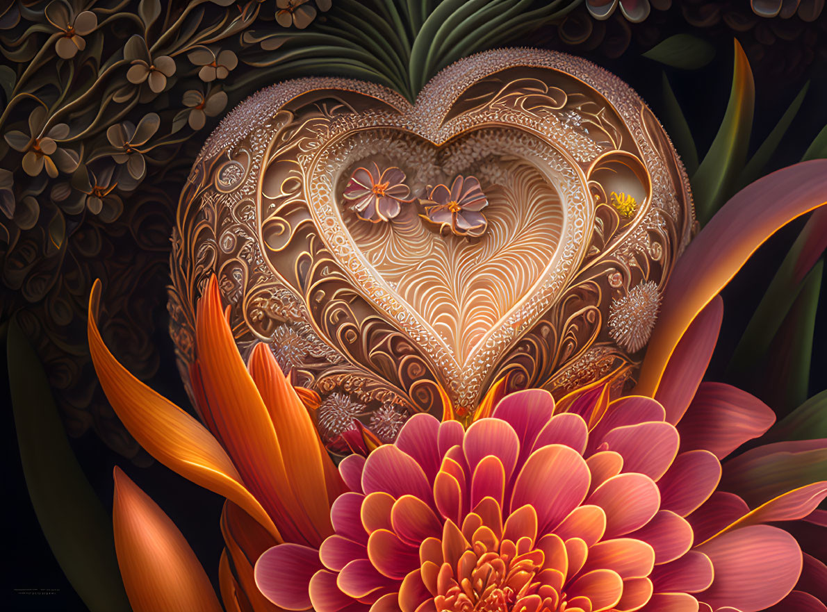 Intricate Heart-Shaped Design Surrounded by Lush Flowers and Foliage