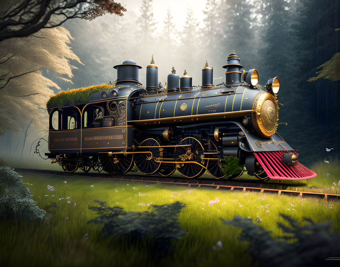 Vintage steam locomotive with gold detailing in lush forest clearing