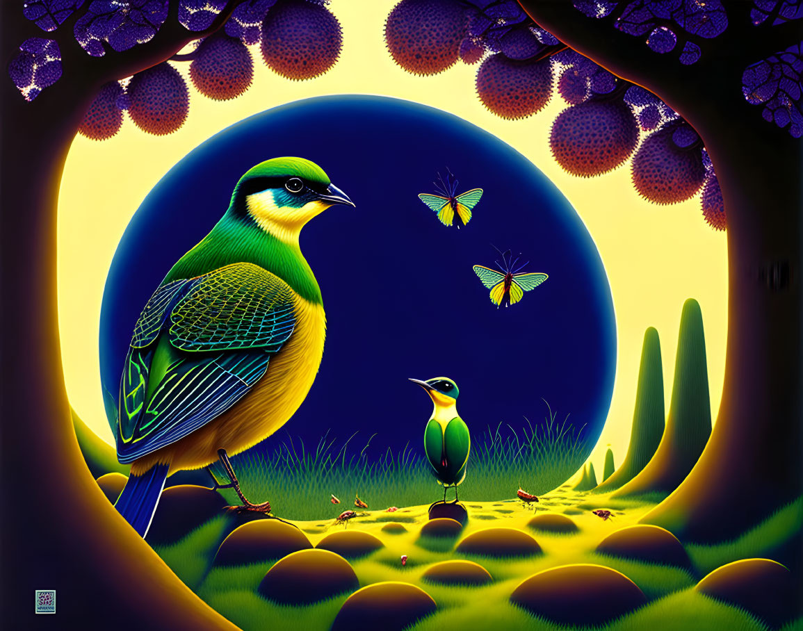 Stylized birds in enchanted forest under large moon