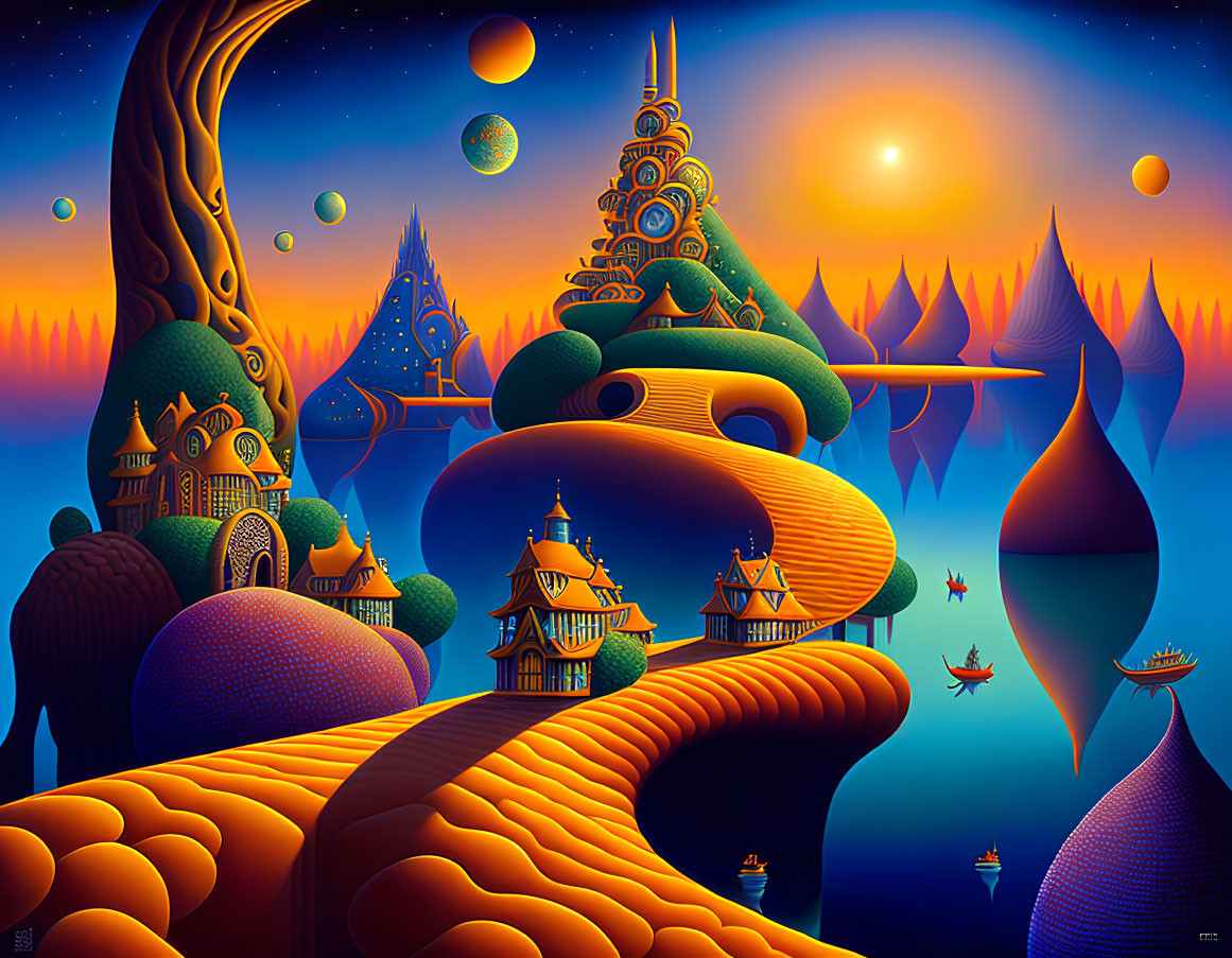 Colorful Surrealist Landscape with Whimsical Structures and Floating Planets