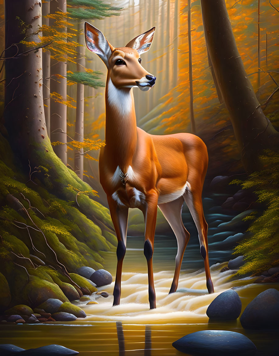 Majestic deer by stream in autumn forest with golden leaves