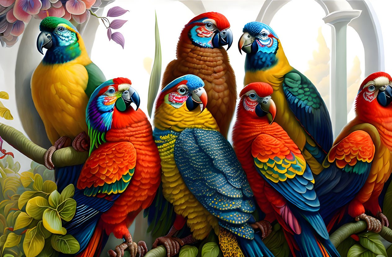Colorful Parrots Illustration Amidst Lush Greenery and Flowers
