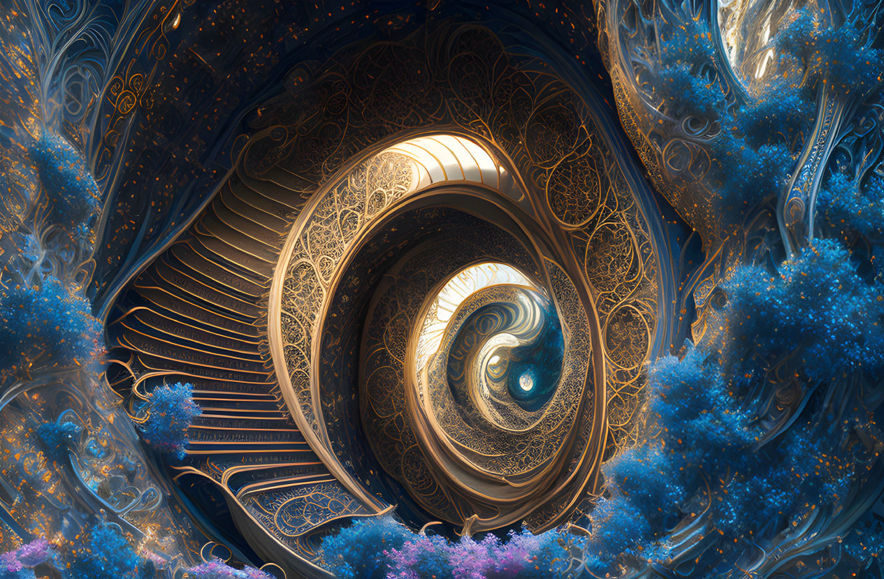 Intricate Golden Fractal Spiral with Blue and Purple Crystals