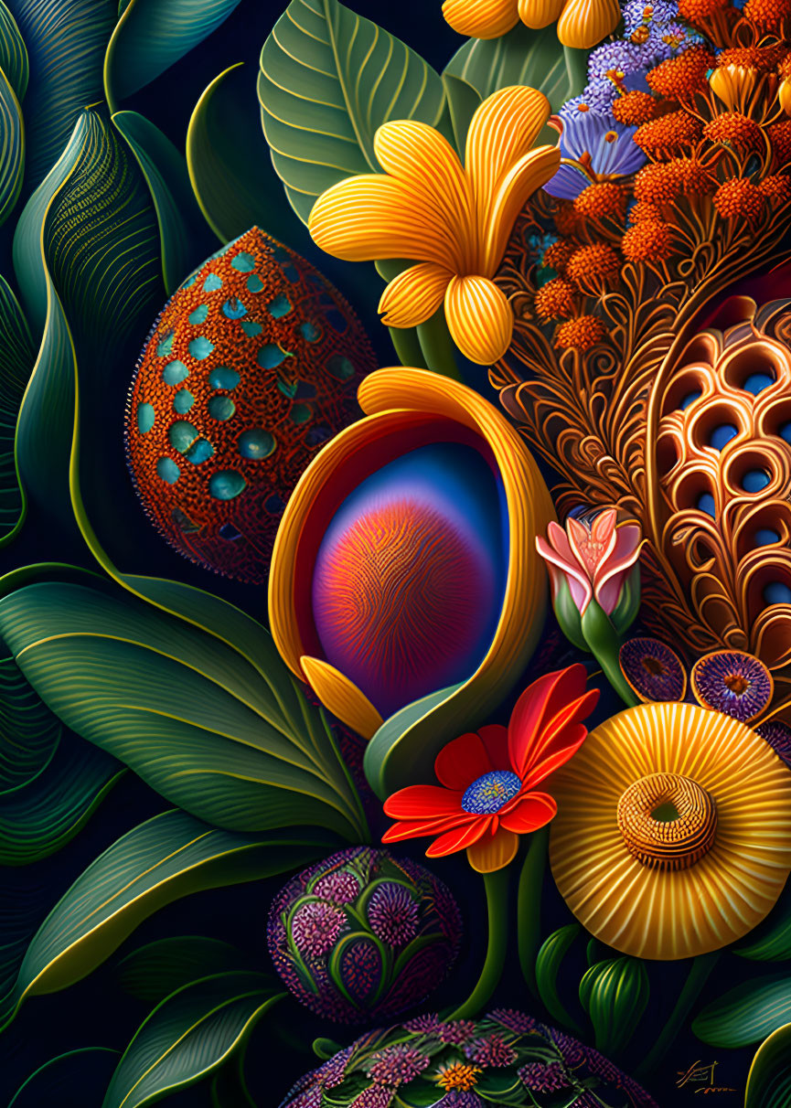 Colorful digital artwork with stylized plants and intricate floral patterns.