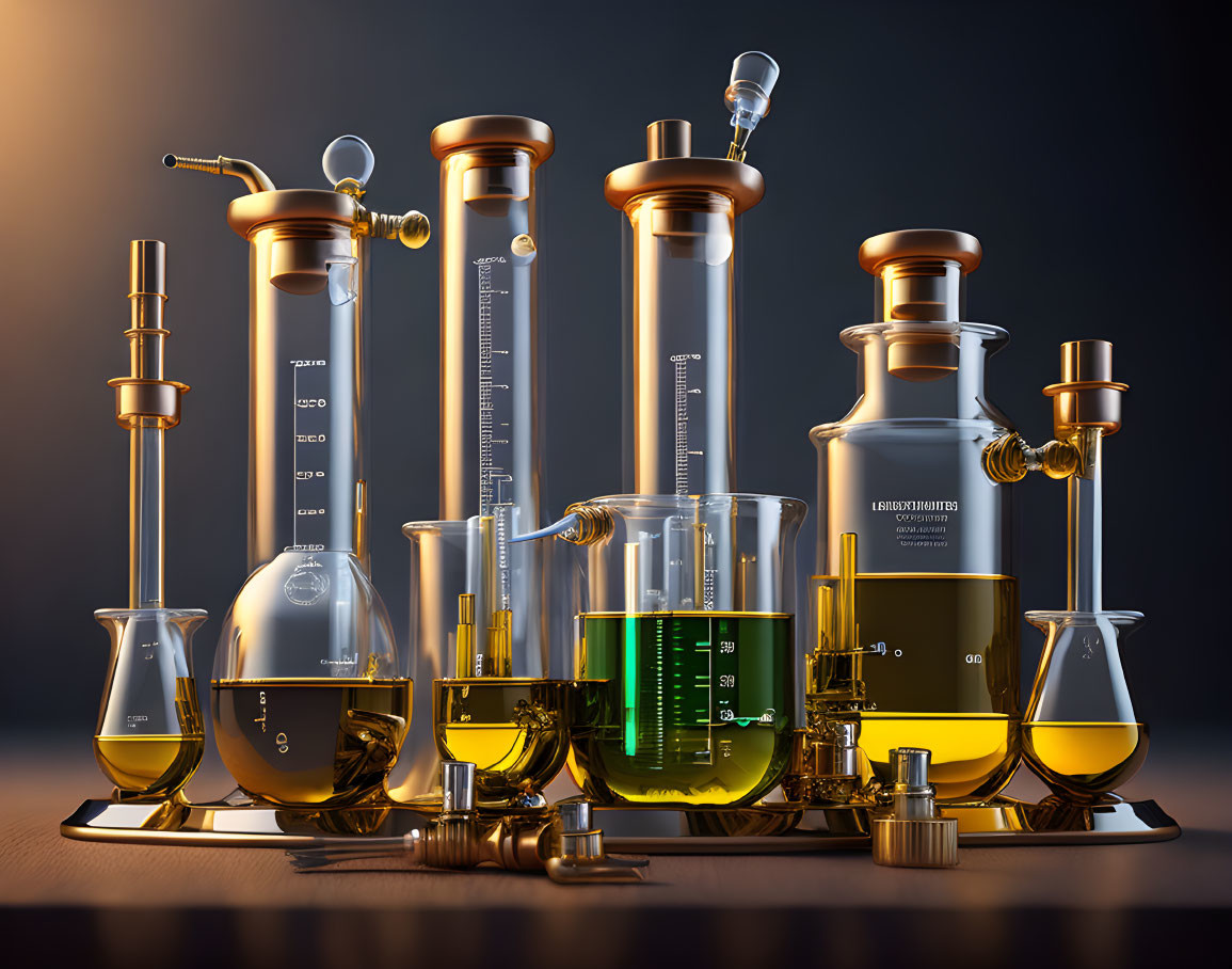 Laboratory Glassware with Golden and Green Liquids on Dark Background