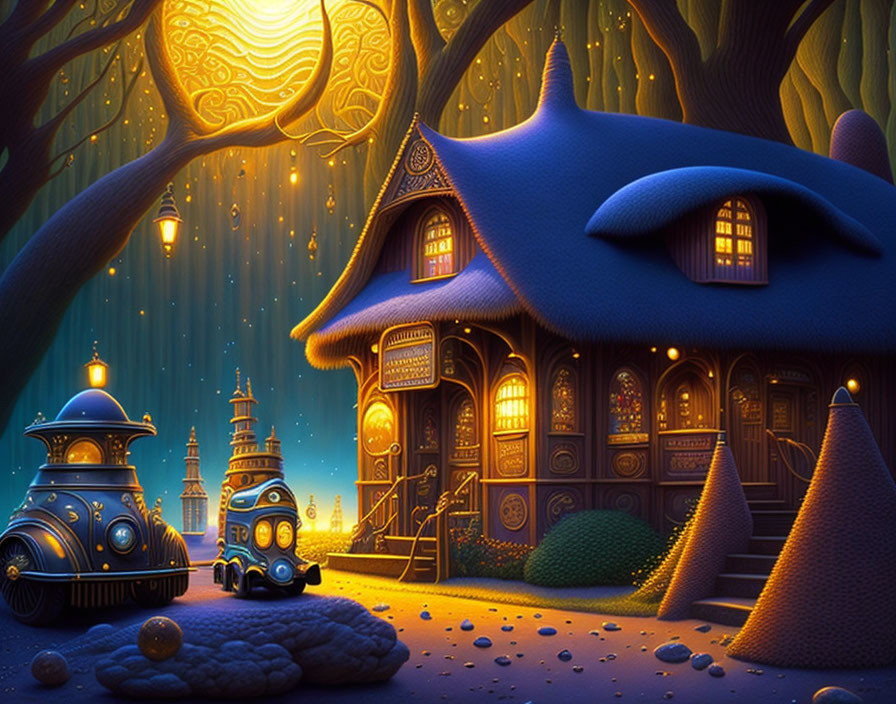 Whimsical night scene with fantasy house, trees, robot, and glowing sun