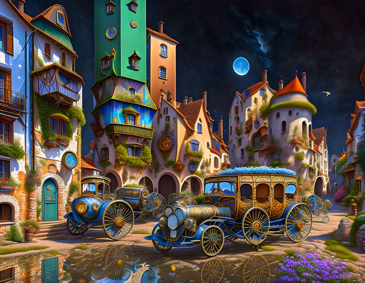Whimsical fantasy village at night with vintage cars, vibrant flowers, and starry sky