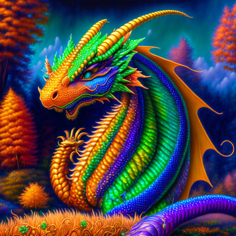 Multicolored Dragon Painting in Green, Blue, and Gold Amidst Fantasy Forest