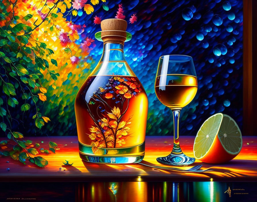 Colorful Still Life with Brandy Bottle, Glass, and Lime