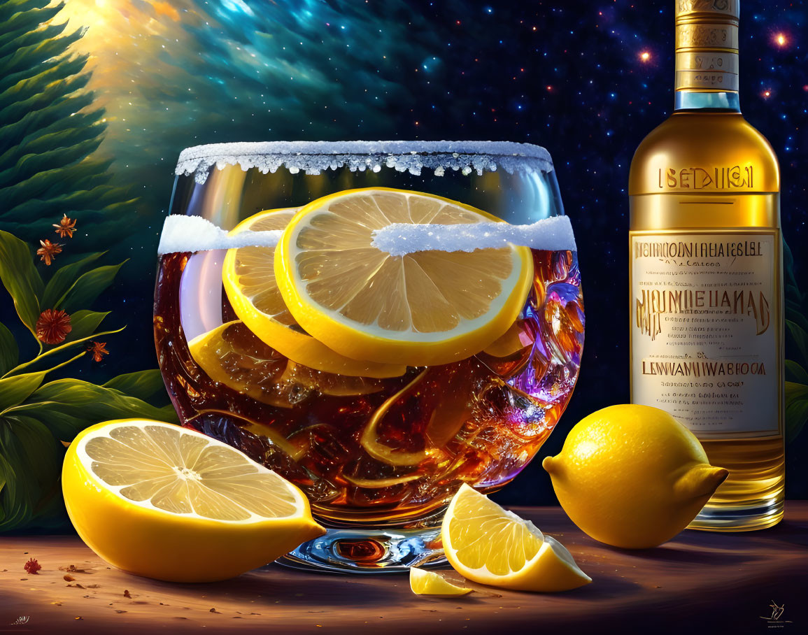 Refreshing iced tea with lemon slices under starry night sky