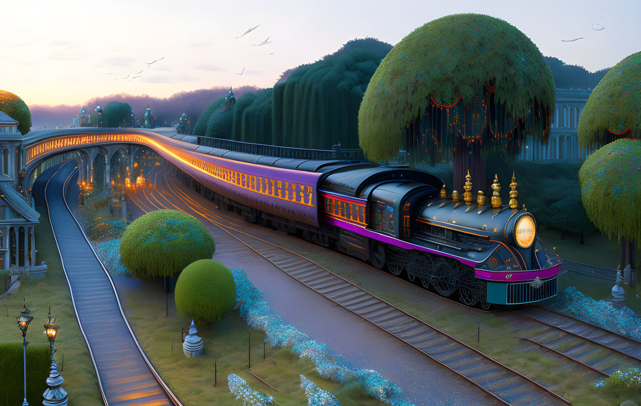 Colorful Train Approaching Station at Dusk with Birds in Tranquil Setting