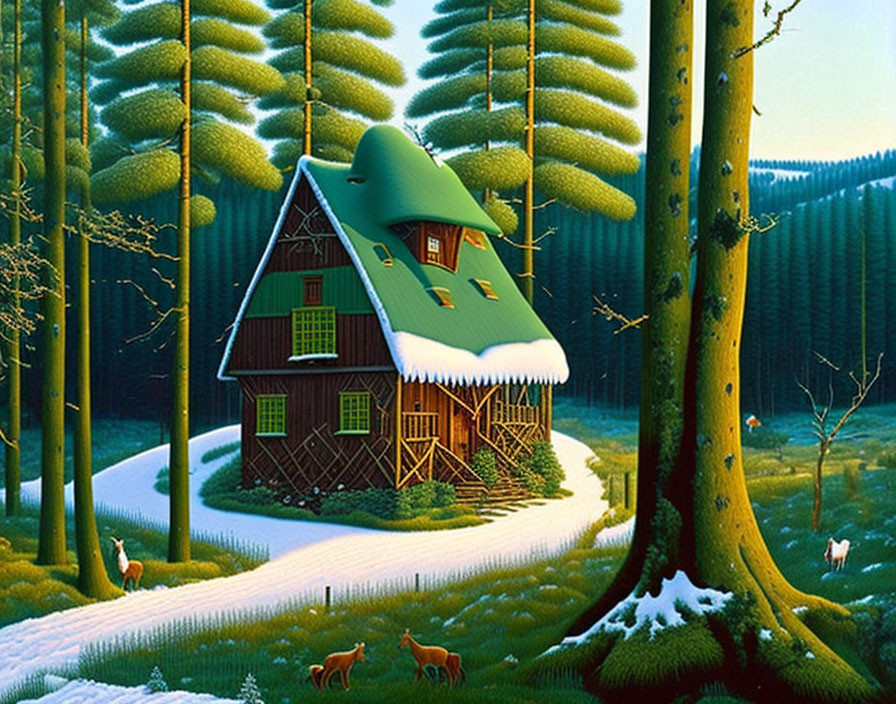 Snow-covered cottage in forest clearing with wildlife and pine trees at sunrise.