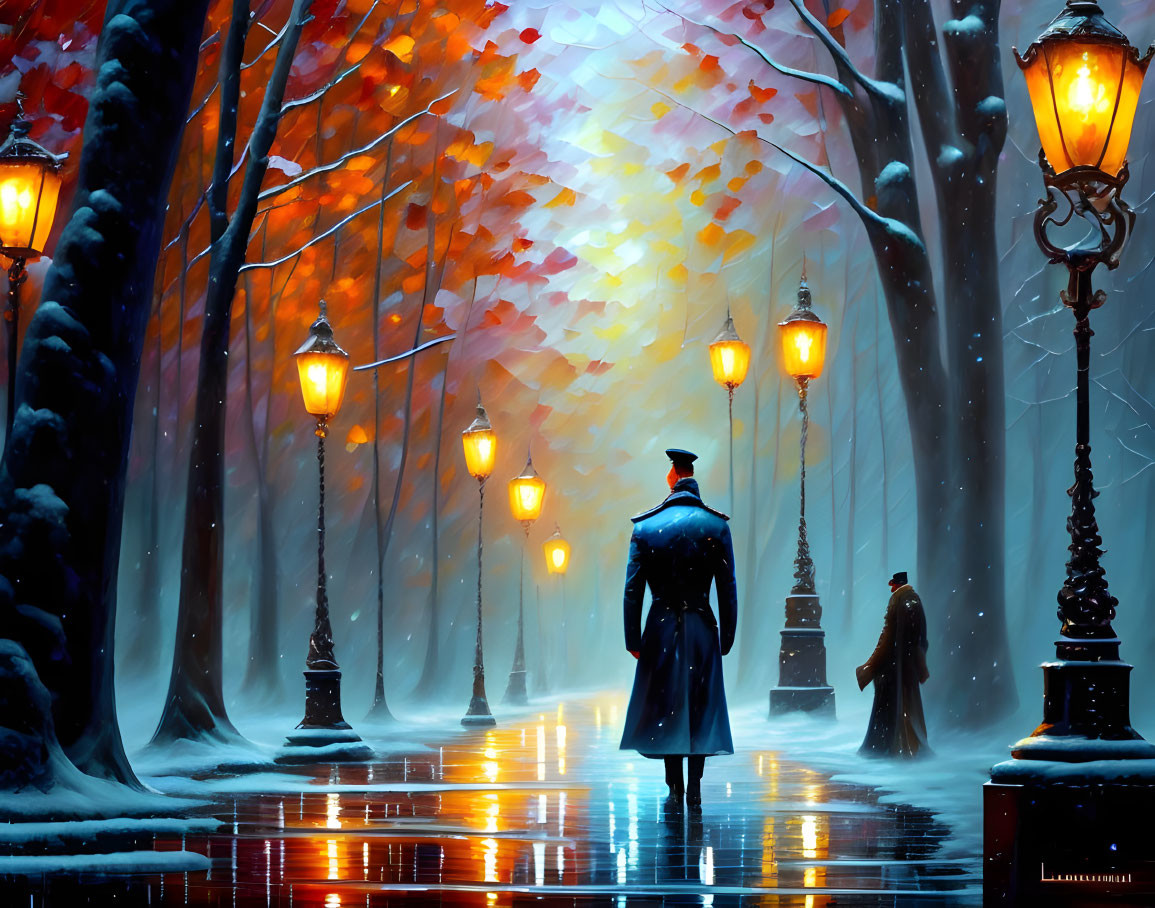 Person in coat walks on snowy path with glowing street lamps and autumn trees transitioning to winter.