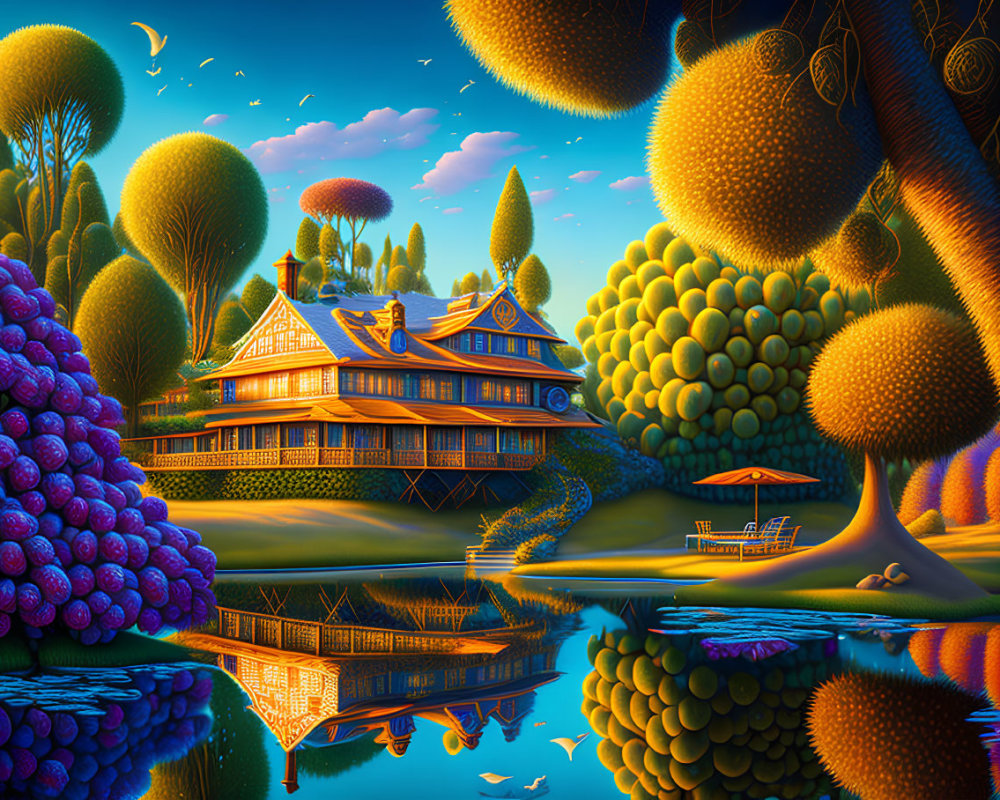 Detailed Wooden House in Colorful Fantasy Landscape