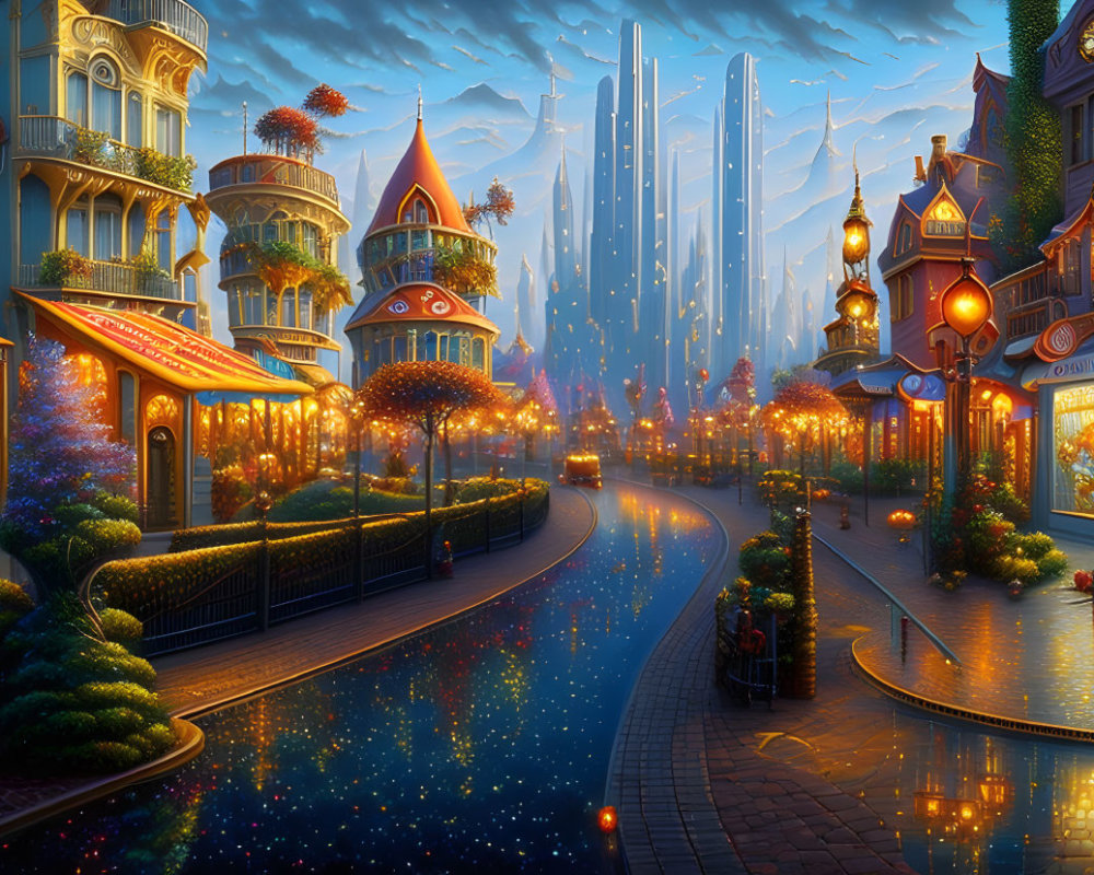 Vibrant Fantasy Town Night Scene with Magical Ambiance