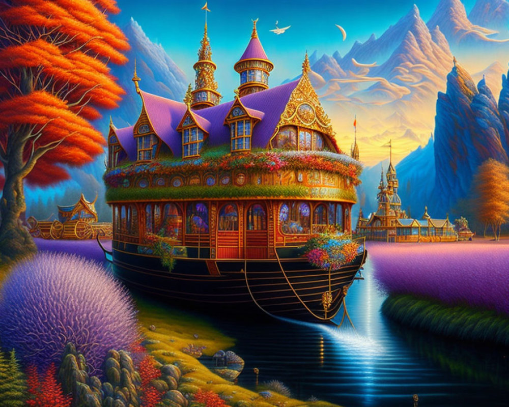 Ornate ship in magical landscape with vibrant gardens