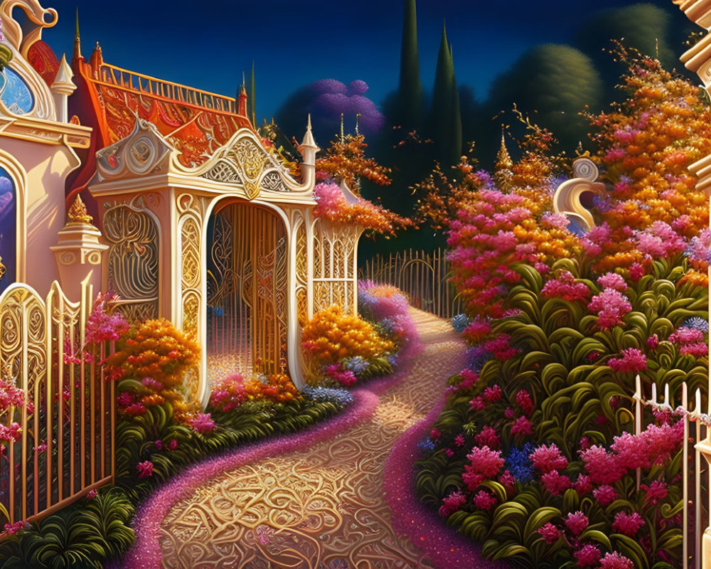 Enchanted garden at dusk with golden gates and vibrant flowers