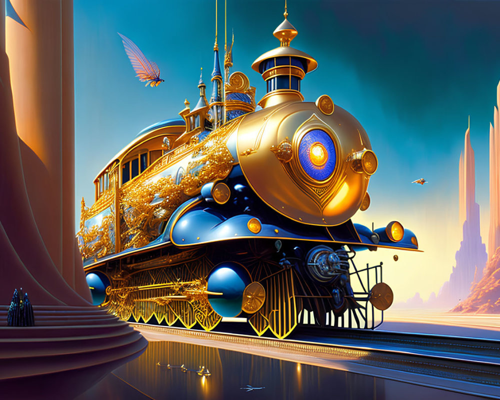 Golden and Blue Fantasy Train on Futuristic Track Amidst Twilight Sky
