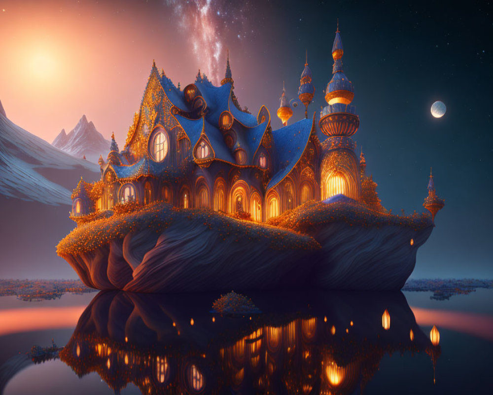 Fantastical illuminated palace with towers above water at twilight