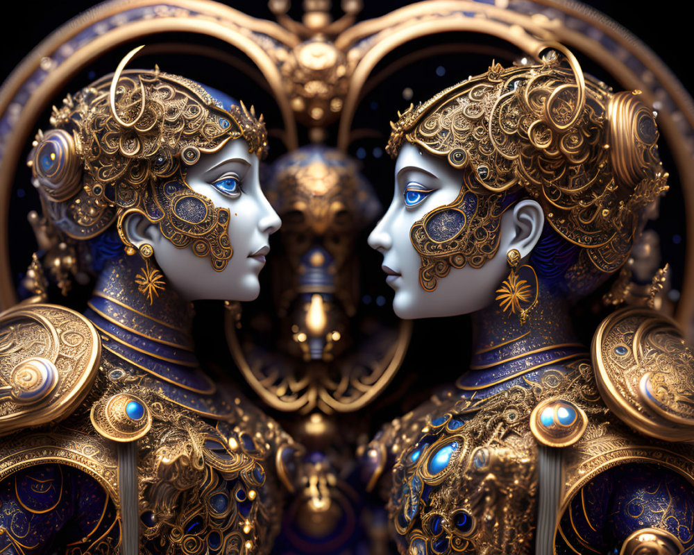 Golden ornate robotic figures in intricate designs on dark mechanical background