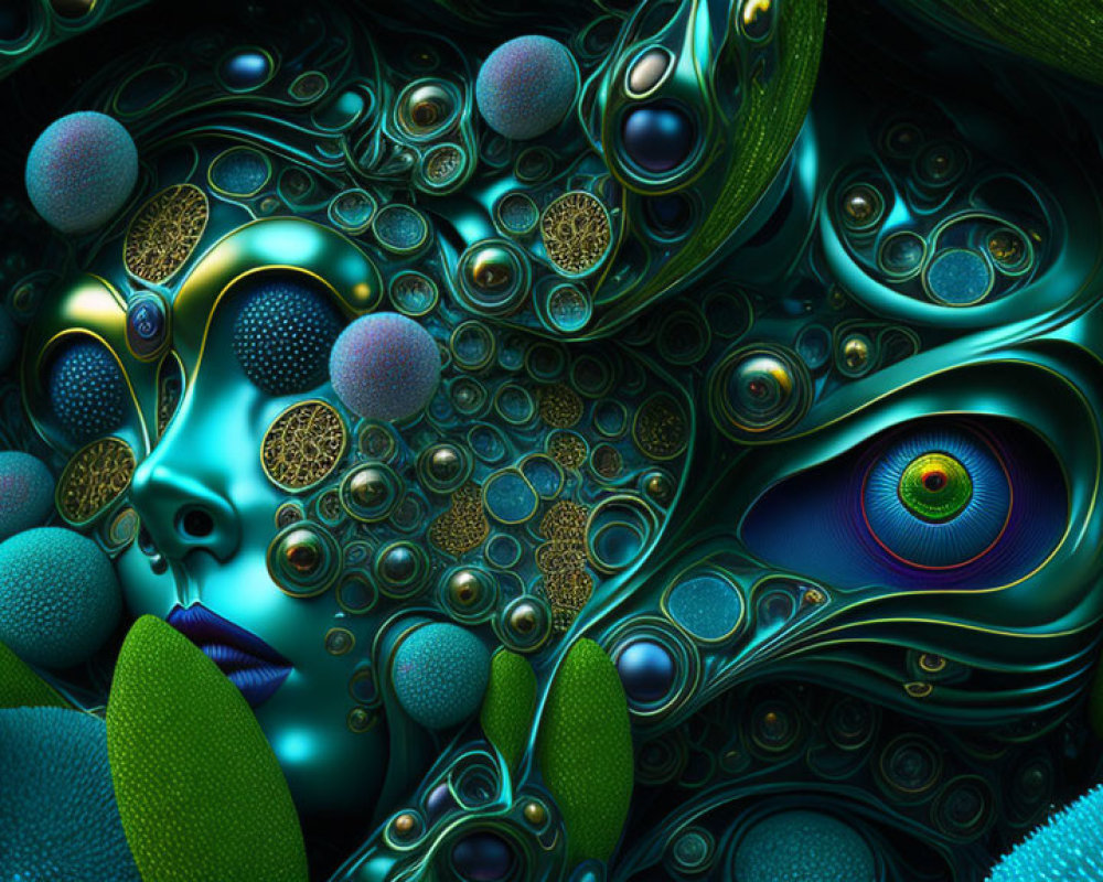 Colorful surreal fractal image with integrated face among abstract patterns and textures