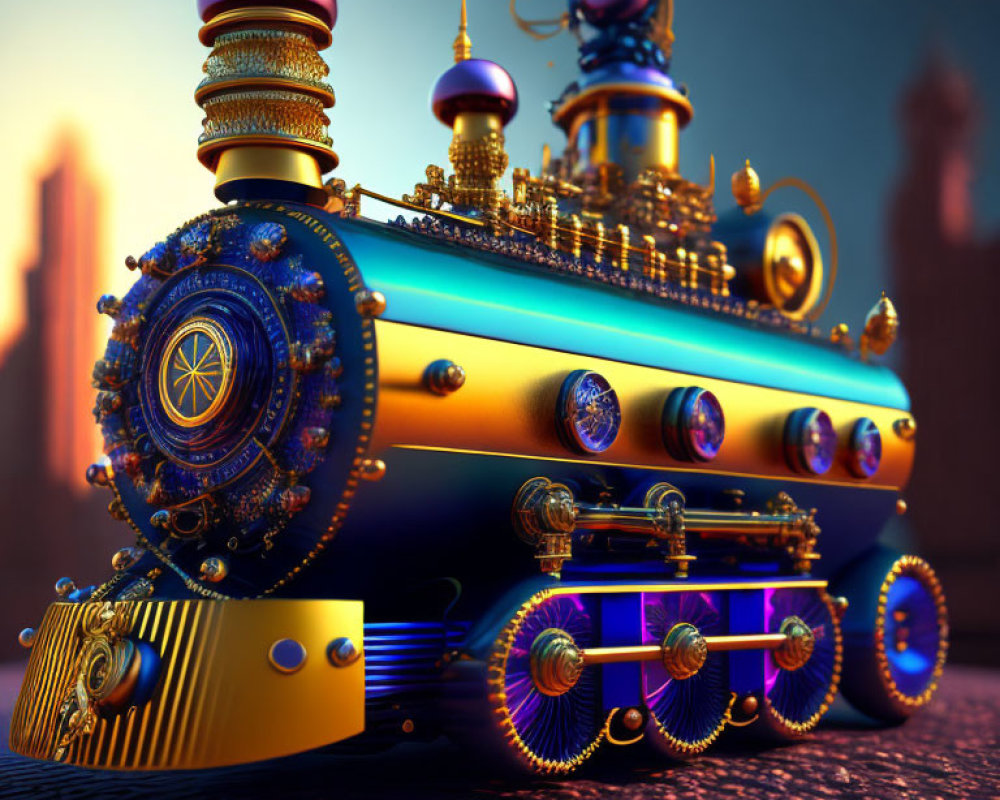Detailed 3D Illustration of Fantastical Blue and Gold Ornate Locomotive