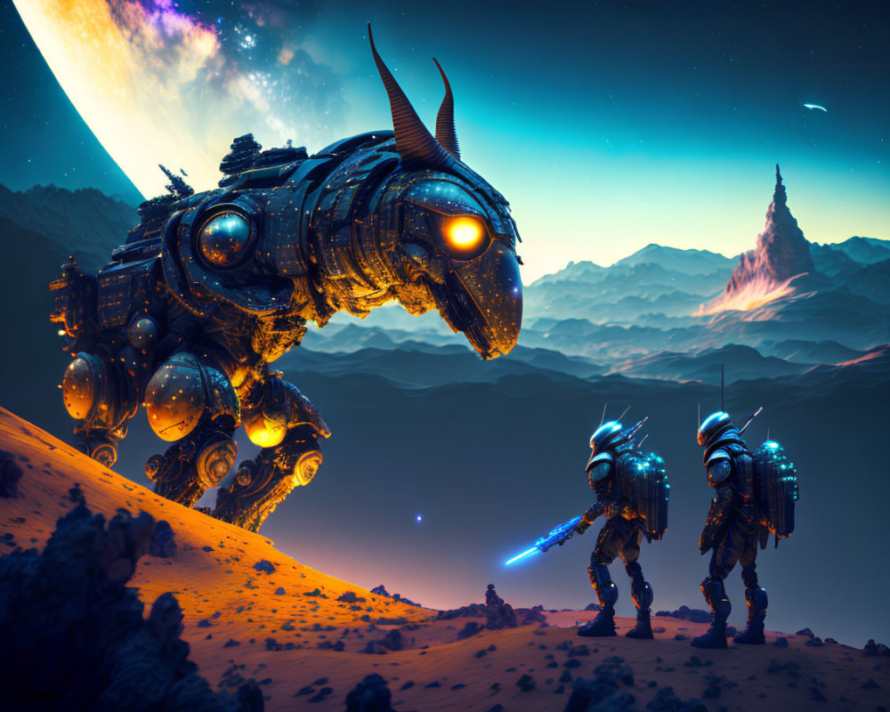 Futuristic soldiers on alien planet with robotic creature under starry sky