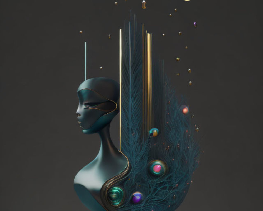 Surreal bust artwork with gradient finish and abstract feather-like extension