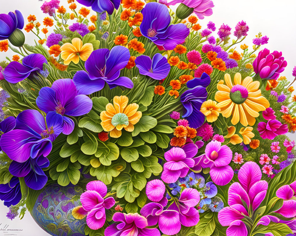 Colorful Bouquet of Blue, Purple, Pink, and Orange Flowers in Vase