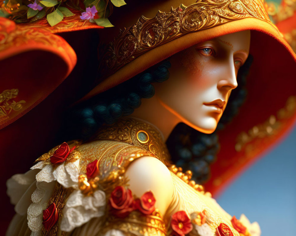 Stylized female figure with gold-trimmed red hat and ornate details