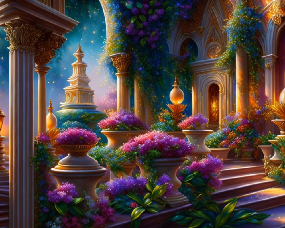 Fantasy garden at dusk: purple flowers, lanterns, columns & starry sky