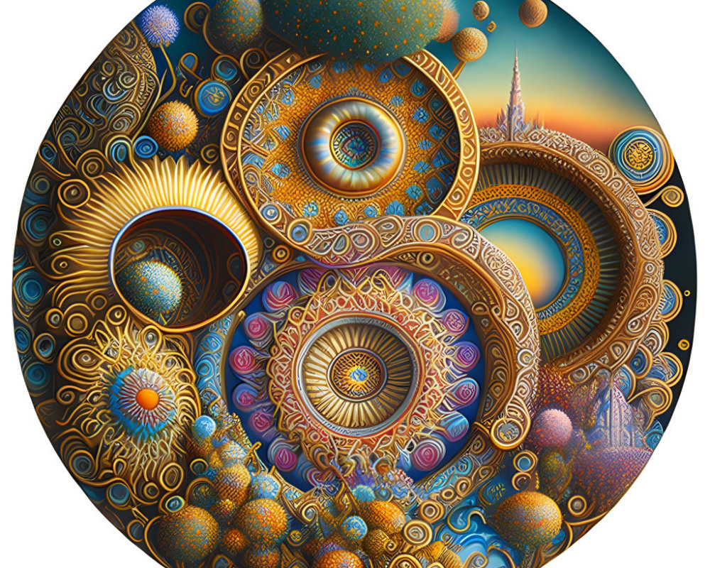 Intricate circular fractal with vivid colors and swirling shapes