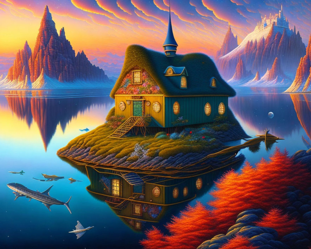 Whimsical house with green roof on serene lake with red trees, mountains, and fish