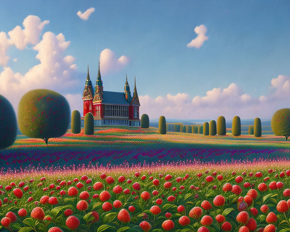 Whimsical castle in vibrant illustrated landscape