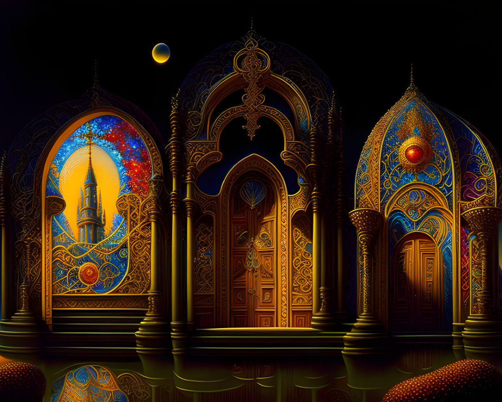 Vibrant stained glass fantasy windows with cosmic designs on nocturnal backdrop