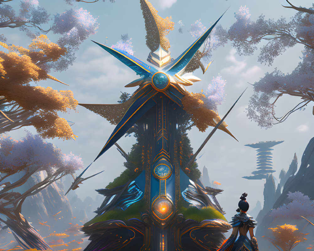 Regal figure admires intricate spire in serene landscape
