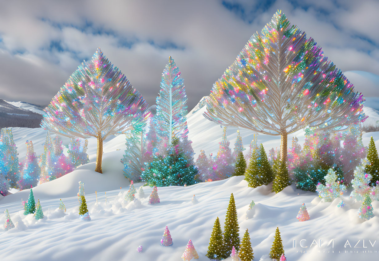 Iridescent winter landscape with sparkling trees