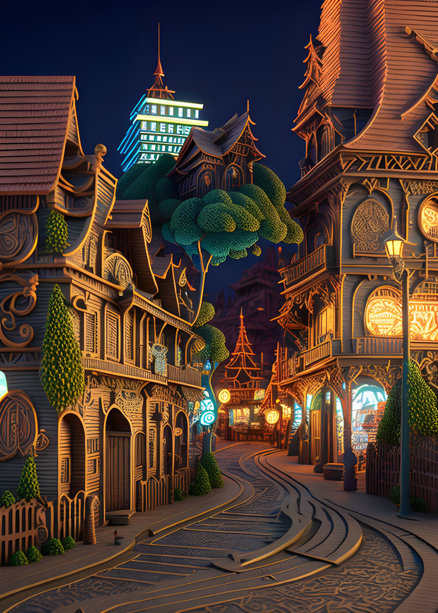 Digital artwork of whimsical illuminated village at twilight