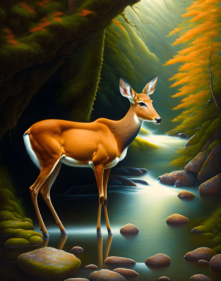 Tranquil forest scene: deer by stream under autumn sunlight